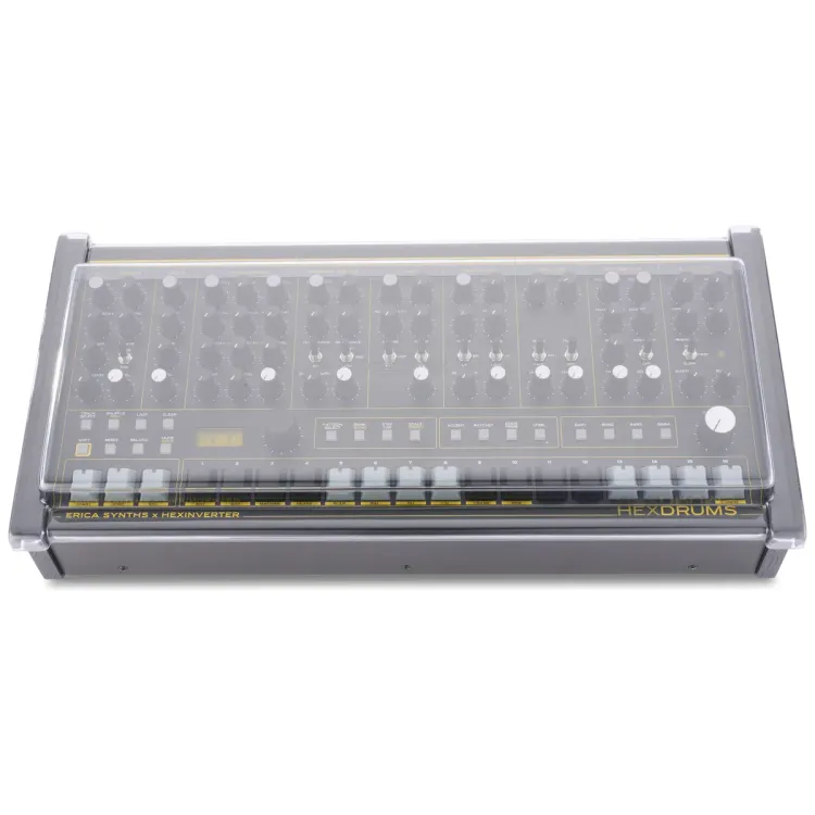 Vista superior del Erica Synths Hexdrums con la tapa Decksaver puesta