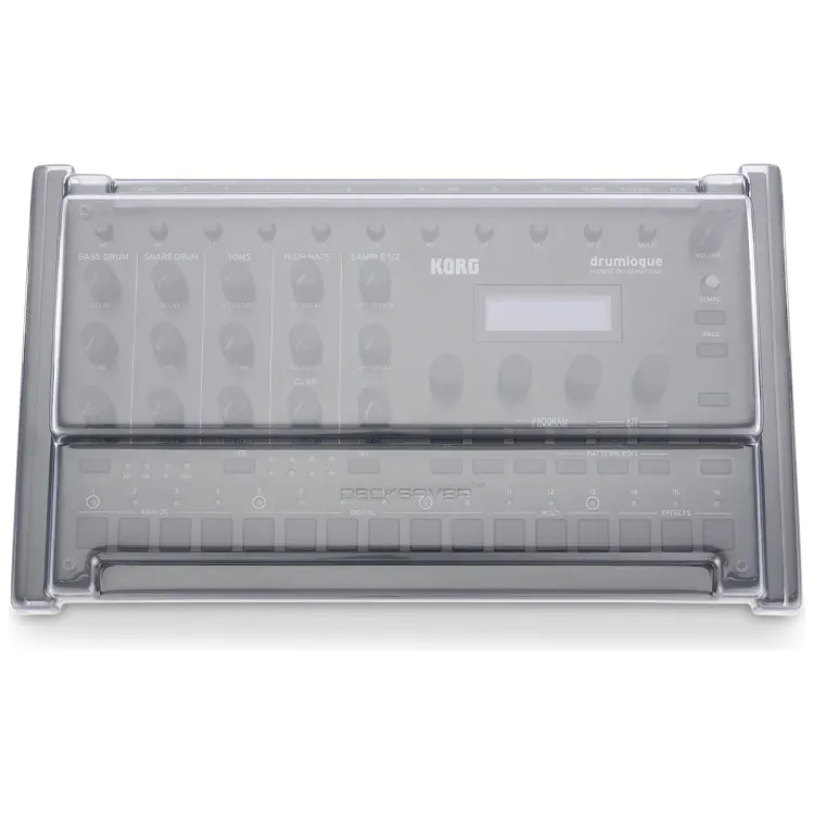 Vista superior del Korg drumlogue con la tapa Decksaver puesta
