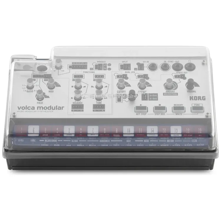 Vista superior del Korg Volca con la tapa Decksaver puesta