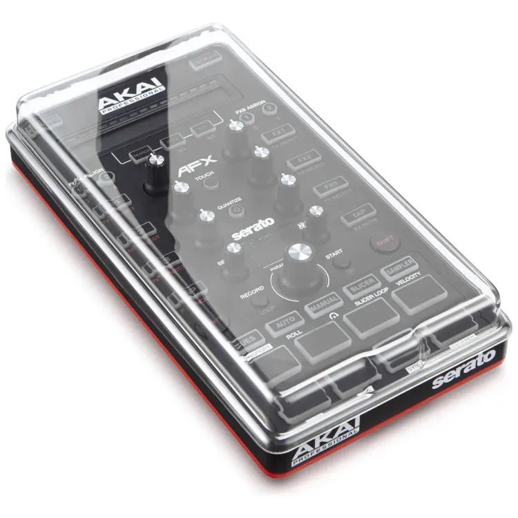 Tapa Decksaver puesta sobre el Akai AFX y AMX, vista en tres cuartos