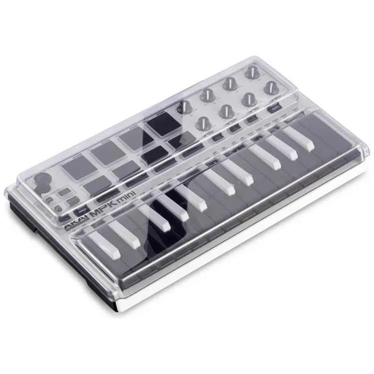 Tapa Decksaver puesta sobre el Akai MPK Mini MK2, vista en tres cuartos