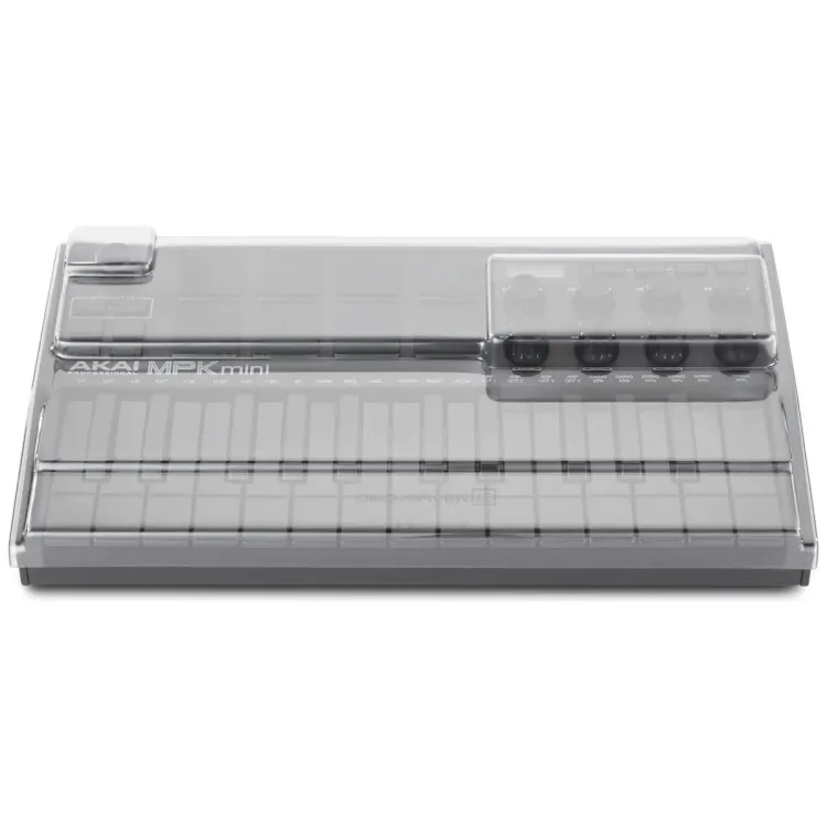 Tapa Decksaver puesta sobre el Akai MPK Mini MK3, vista en tres cuartos