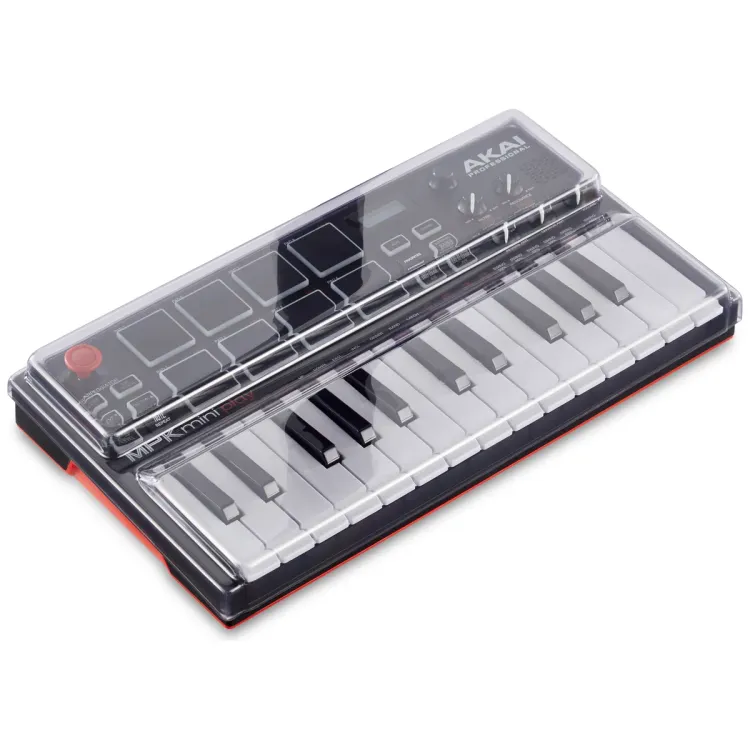 Tapa Decksaver puesta sobre el Akai MPK Mini Play MK1 y MK2, vista en tres cuartos