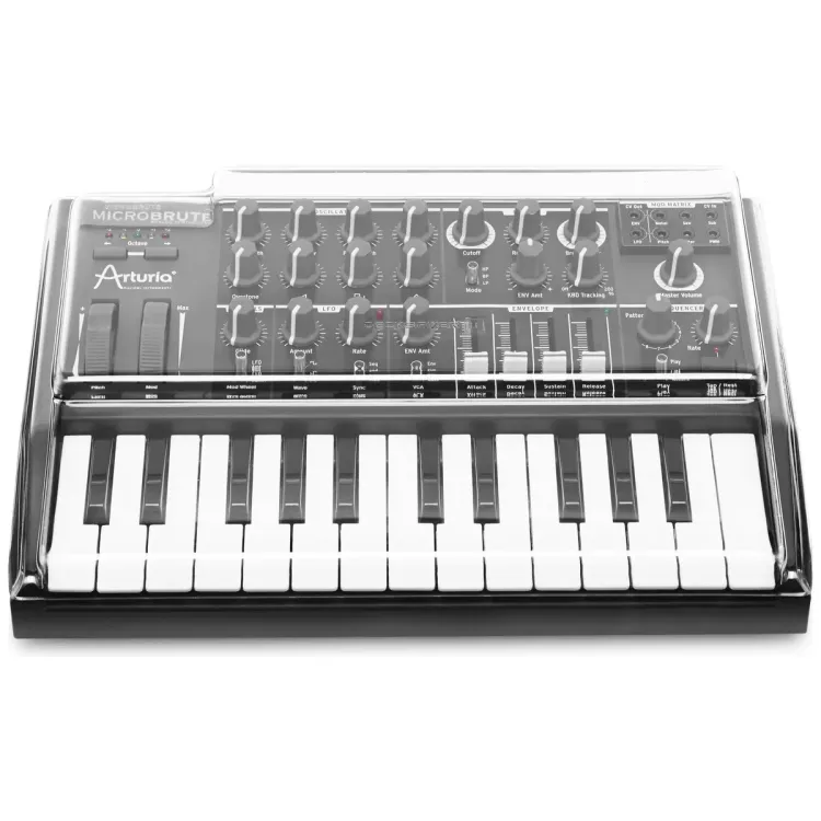 Vista superior del Arturia MicroBrute con la tapa Decksaver puesta