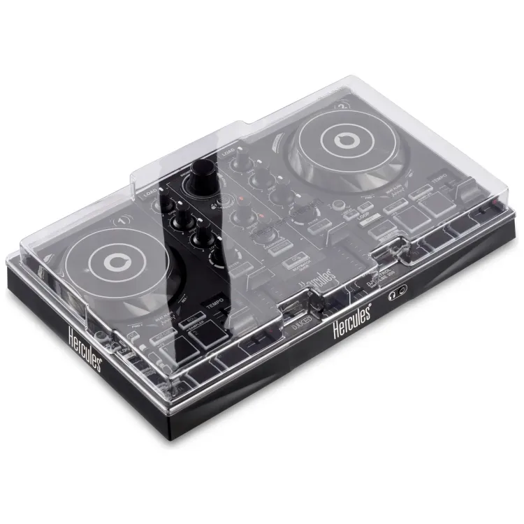 Tapa Decksaver puesta sobre el Hercules DJControl Inpulse 200 y 200 MK2, vista en tres cuartos