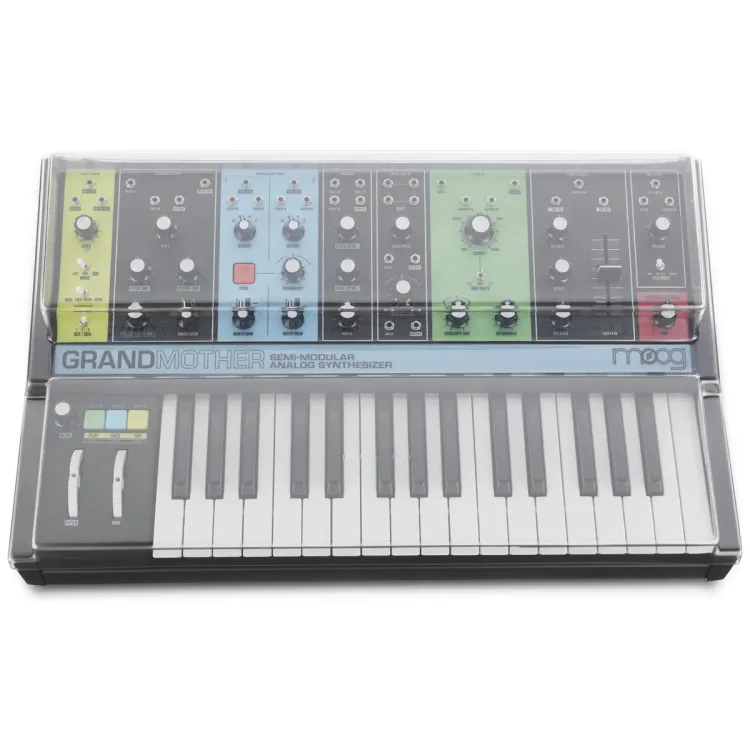 Vista superior del Moog Grandmother con la tapa Decksaver puesta