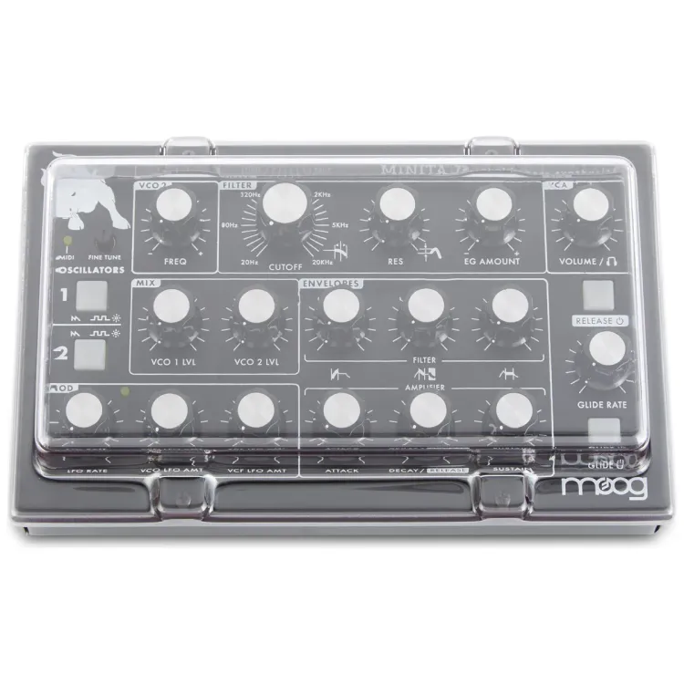 Tapa Decksaver puesta sobre el Moog Minitaur y Sirin, vista en tres cuartos