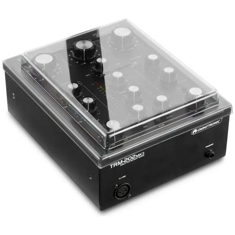 Tapa Decksaver puesta sobre el Omnitronic TRM-202, vista en tres cuartos