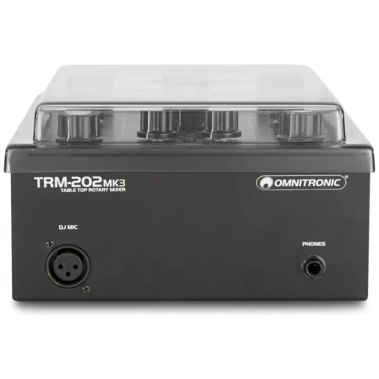 Vista superior del Omnitronic TRM-202 con la tapa Decksaver puesta