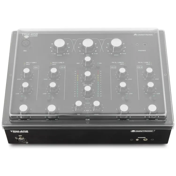 Vista superior del Omnitronic TRM-402 con la tapa Decksaver puesta