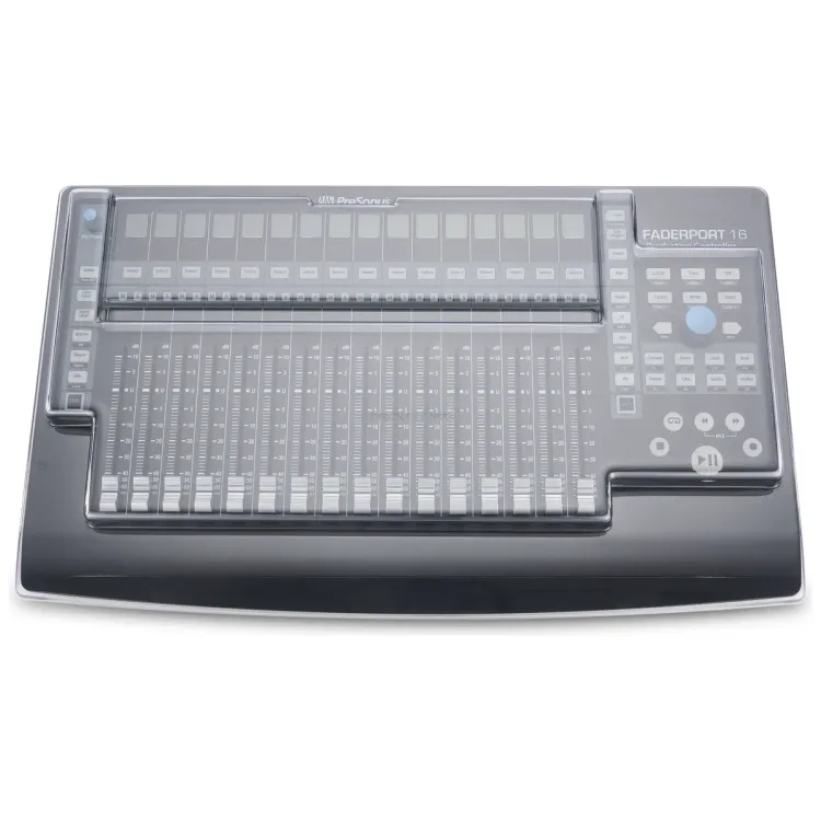 Vista superior del PreSonus FaderPort 16 con la tapa Decksaver puesta