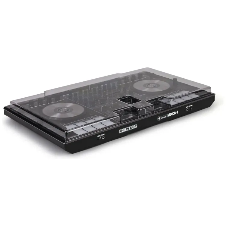 Tapa Decksaver puesta sobre el Reloop Mixon 4 y Mixon 8 Pro, vista en tres cuartos