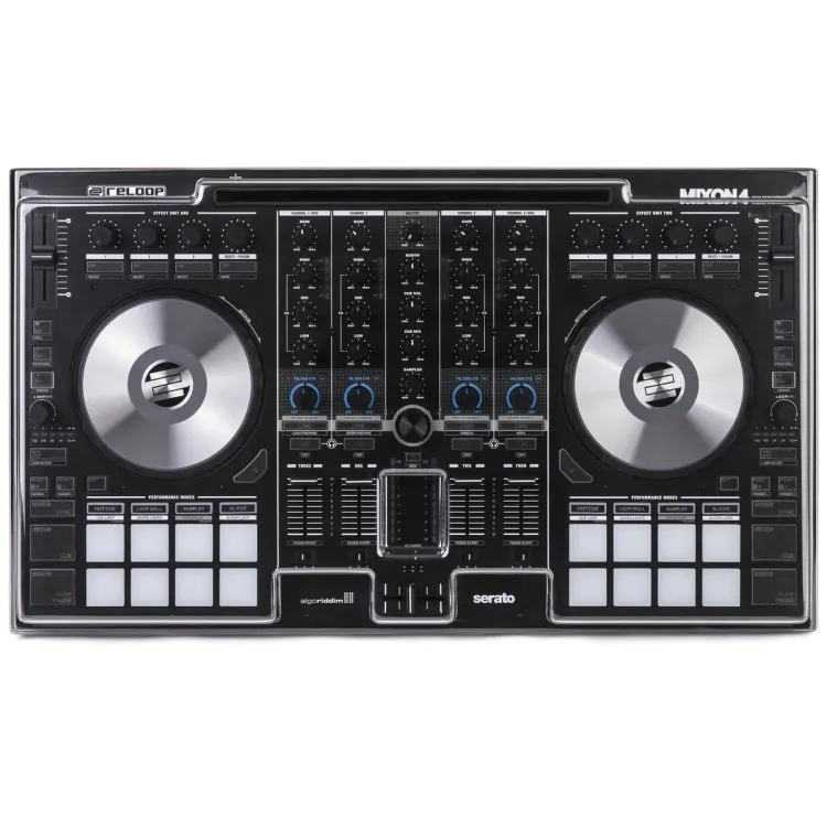 Vista superior del Reloop Mixon 4 y Mixon 8 Pro con la tapa Decksaver puesta