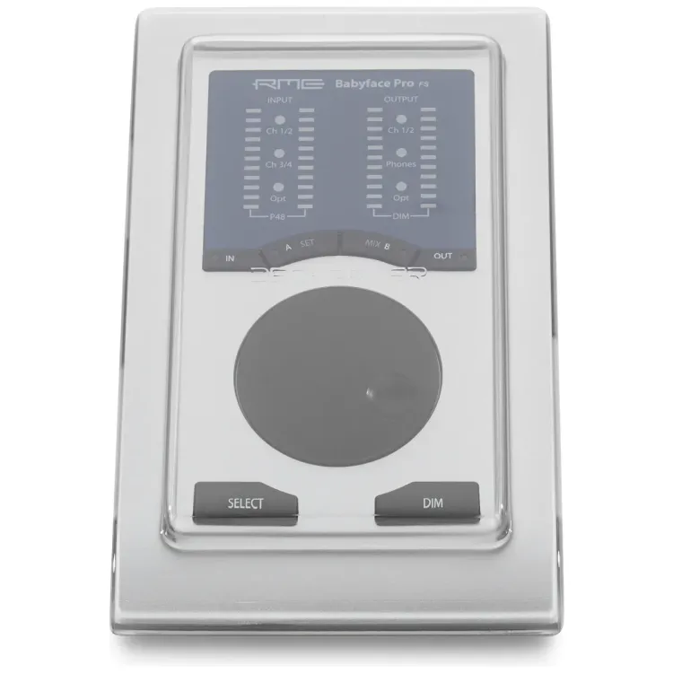 Tapa Decksaver puesta sobre el RME Babyface Pro FS y MADIface Pro, vista en tres cuartos