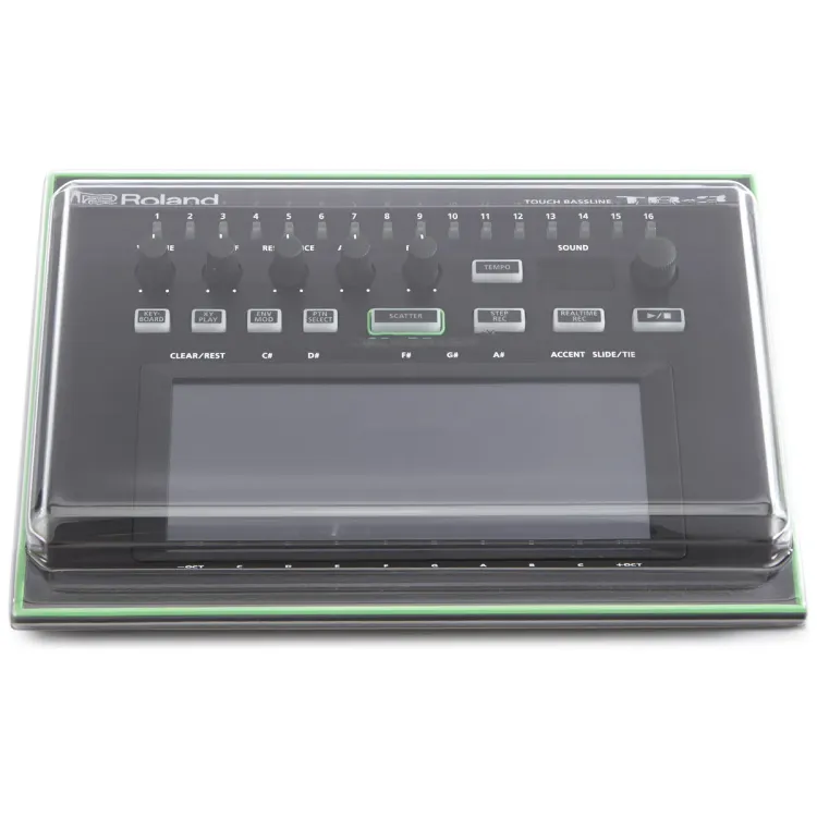 Vista superior del Roland AIRA TB-3 con la tapa Decksaver puesta