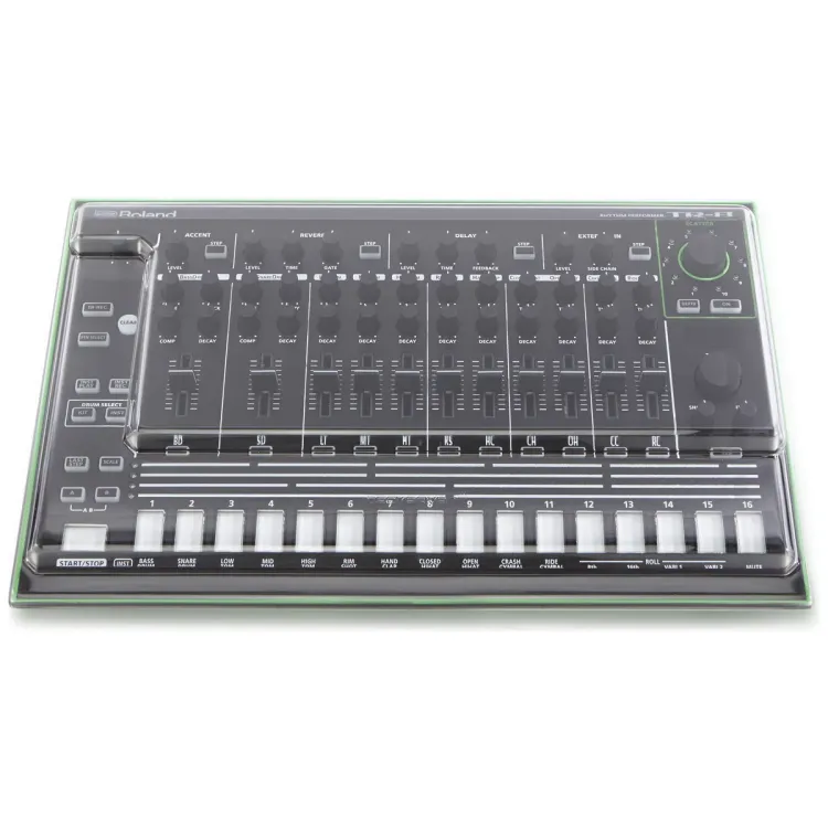Vista superior del Roland AIRA TR-8 con la tapa Decksaver puesta