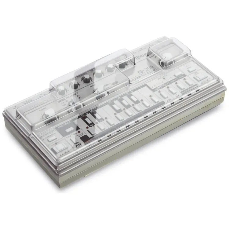 Tapa Decksaver puesta sobre el Roland TB-303, vista en tres cuartos