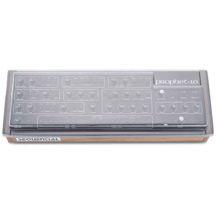 Vista superior del Sequential Prophet-5 y Prophet-10 Desktop con la tapa Decksaver puesta