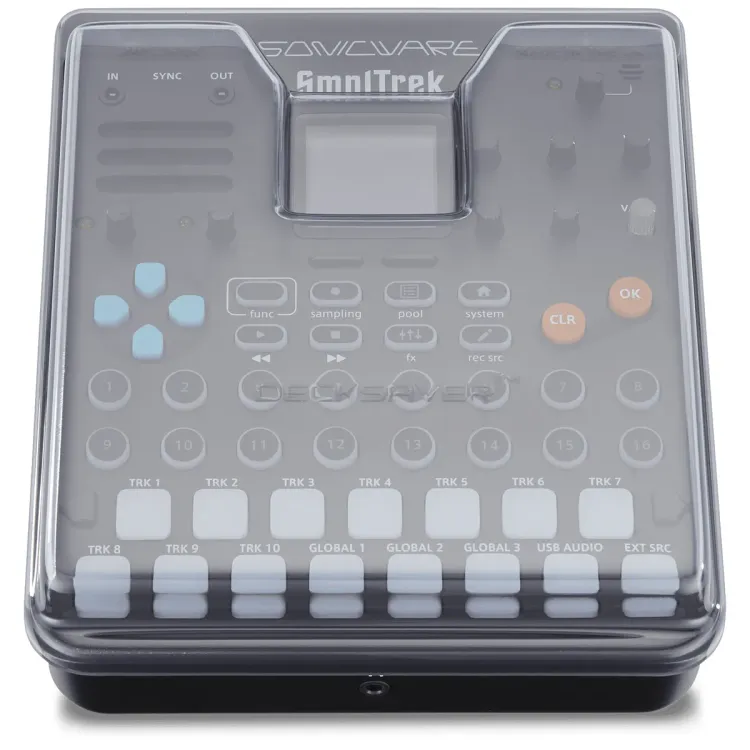Vista superior del Sonicware SmplTrek con la tapa Decksaver puesta