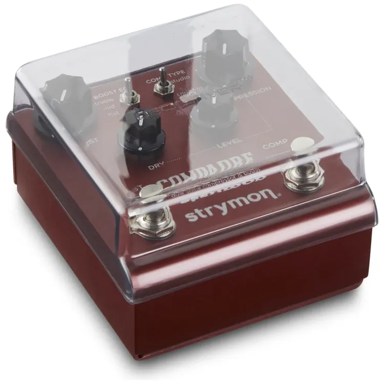 Tapa Decksaver puesta sobre el Strymon pedales de 2 switches, vista en tres cuartos