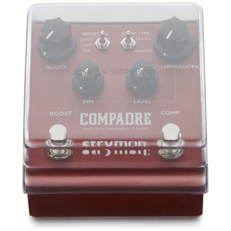 Vista superior del Strymon pedales de 2 switches con la tapa Decksaver puesta