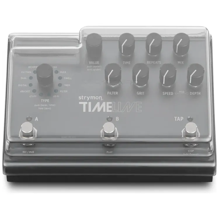Vista superior del Strymon pedales de 3 switches con la tapa Decksaver puesta