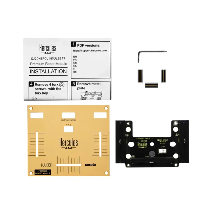 Contenido de la caja del módulo de faders premium Hercules con llave Torx