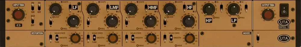 Sección de distorsión del MPEQ-1: cada banda con su control de cantidad y los selectores Solid State o Tube y Smooth o Drive