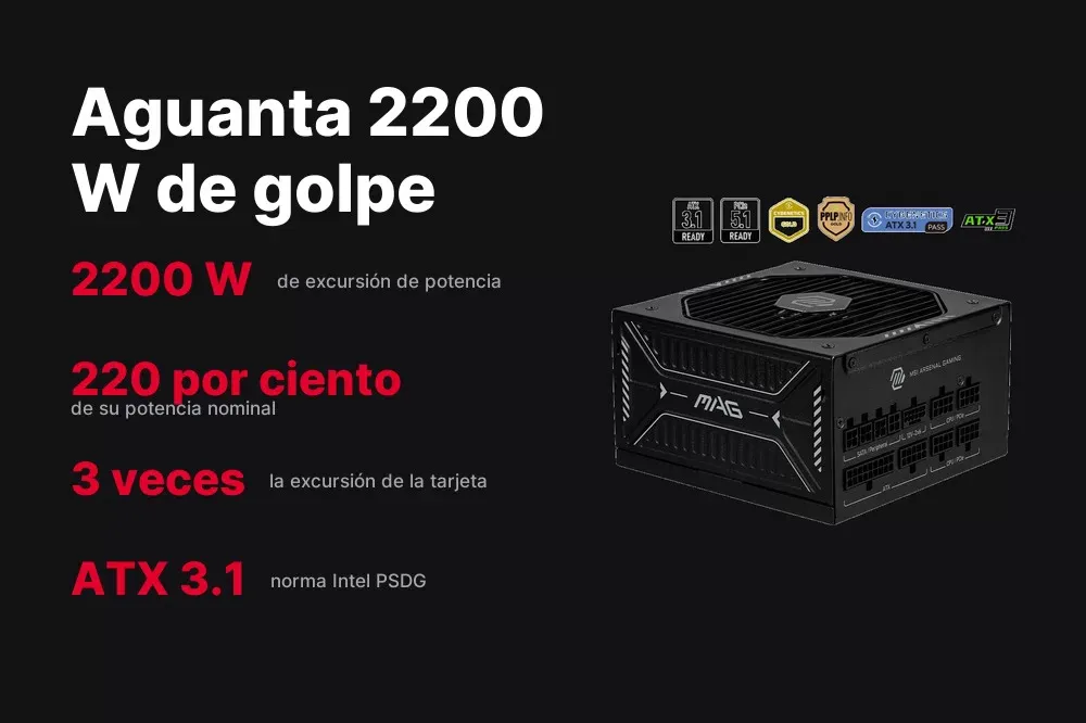 Excursión de potencia de 2200 W de la MSI MAG A1000GLS PCIE5