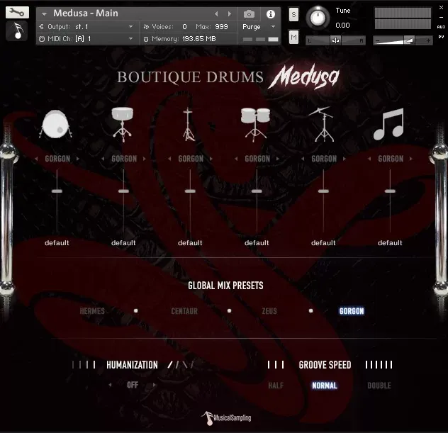 Boutique Drums Medusa de Musical Sampling en la interfaz de Kontakt