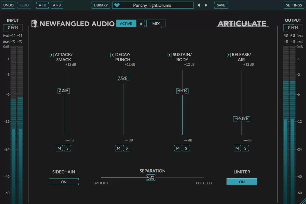 Interfaz de Newfangled Audio Articulate con los cuatro faders Attack/Smack, Decay/Punch, Sustain/Body y Release/Air, y las secciones Sidechain, Separation y Limiter
