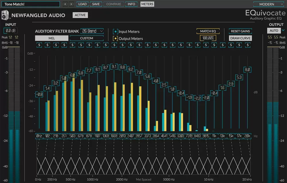Interfaz de EQuivocate incluida en el Elevate Bundle, con el banco de 26 filtros auditivos y Match EQ