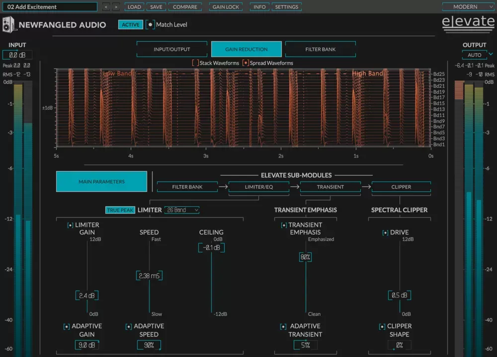 Interfaz del limitador Newfangled Audio Elevate con la vista Gain Reduction de 26 bandas y los submodulos Filter Bank, Limiter/EQ, Transient y Spectral Clipper