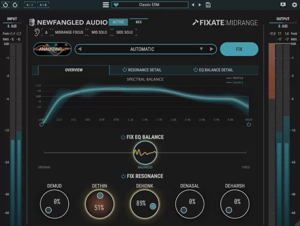 Interfaz de Newfangled Audio Fixate:Midrange con el analisis Spectral Balance, la seccion Fix EQ Balance y las perillas Fix Resonance Demud, Dethin, Dehonk, Denasal y Deharsh