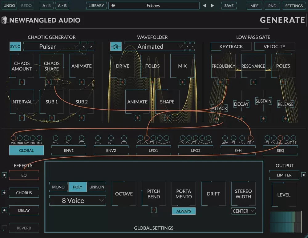 Interfaz de Newfangled Audio Generate con el Chaotic Generator, el Wavefolder, el Low Pass Gate, las fuentes de modulacion y los efectos EQ, Chorus, Delay y Reverb