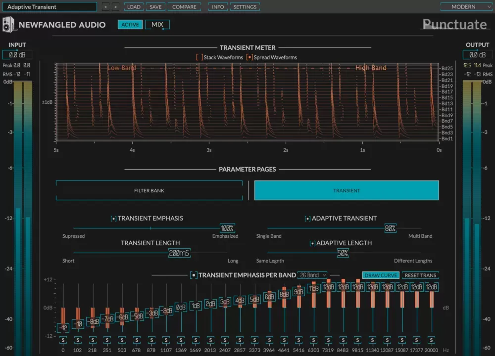 Interfaz de Newfangled Audio Punctuate con el Transient Meter multibanda, los controles Transient Emphasis, Transient Length y Adaptive Transient, y el enfasis de transientes por banda
