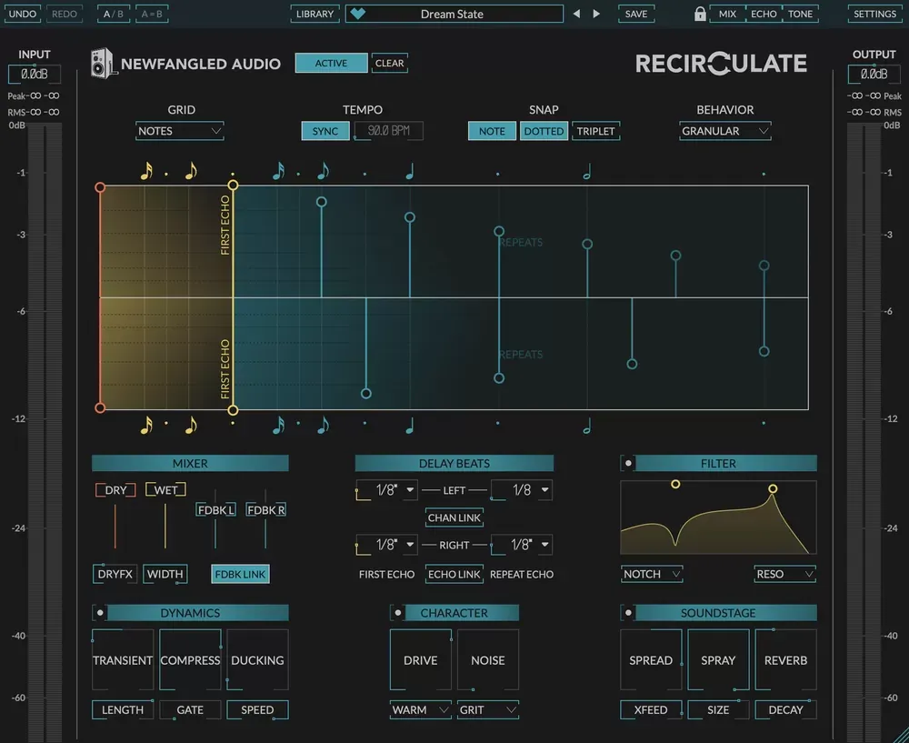 Interfaz de Newfangled Audio Recirculate con la grilla de First Echo y Repeats, y los módulos Mixer, Delay Beats, Filter, Dynamics, Character y Soundstage