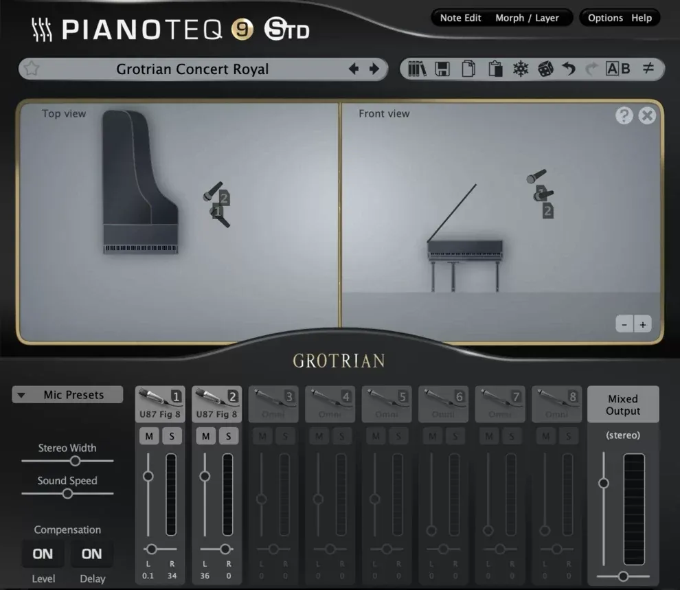 Panel de micrófonos 3D y colección de pianos