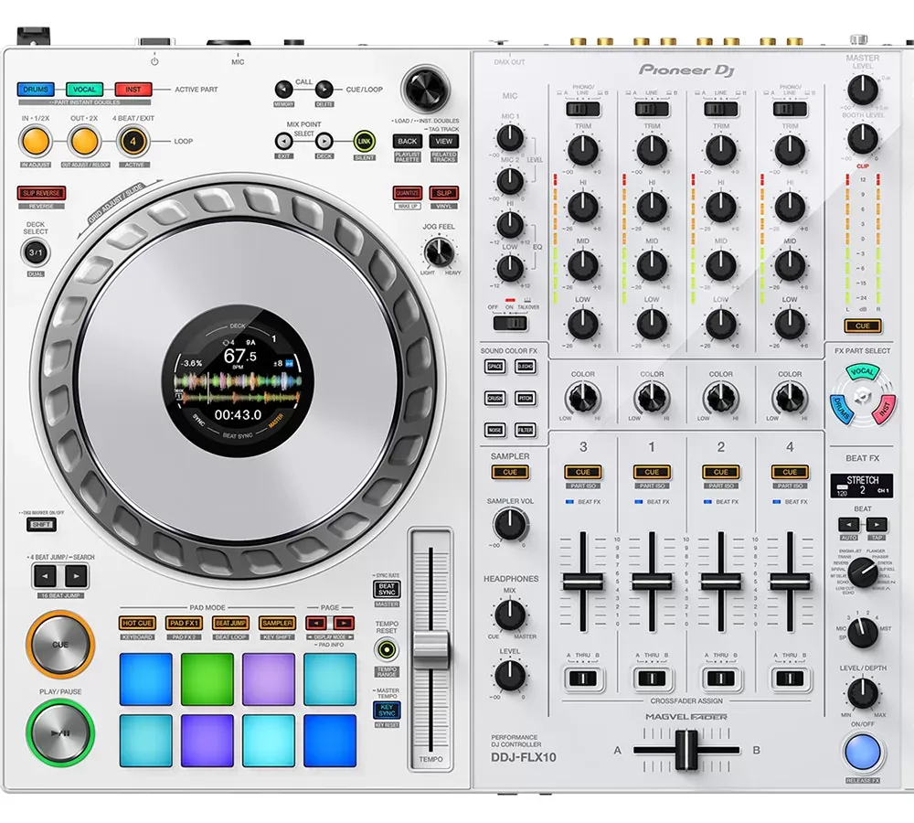Pioneer DJ DDJ-FLX10-W blanco vista superior del controlador DJ de 4 canales