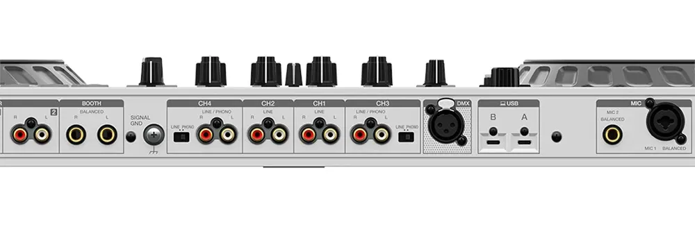 Panel trasero del DDJ-FLX10-W con entradas Line/Phono, micrófono XLR y salidas Master y Booth
