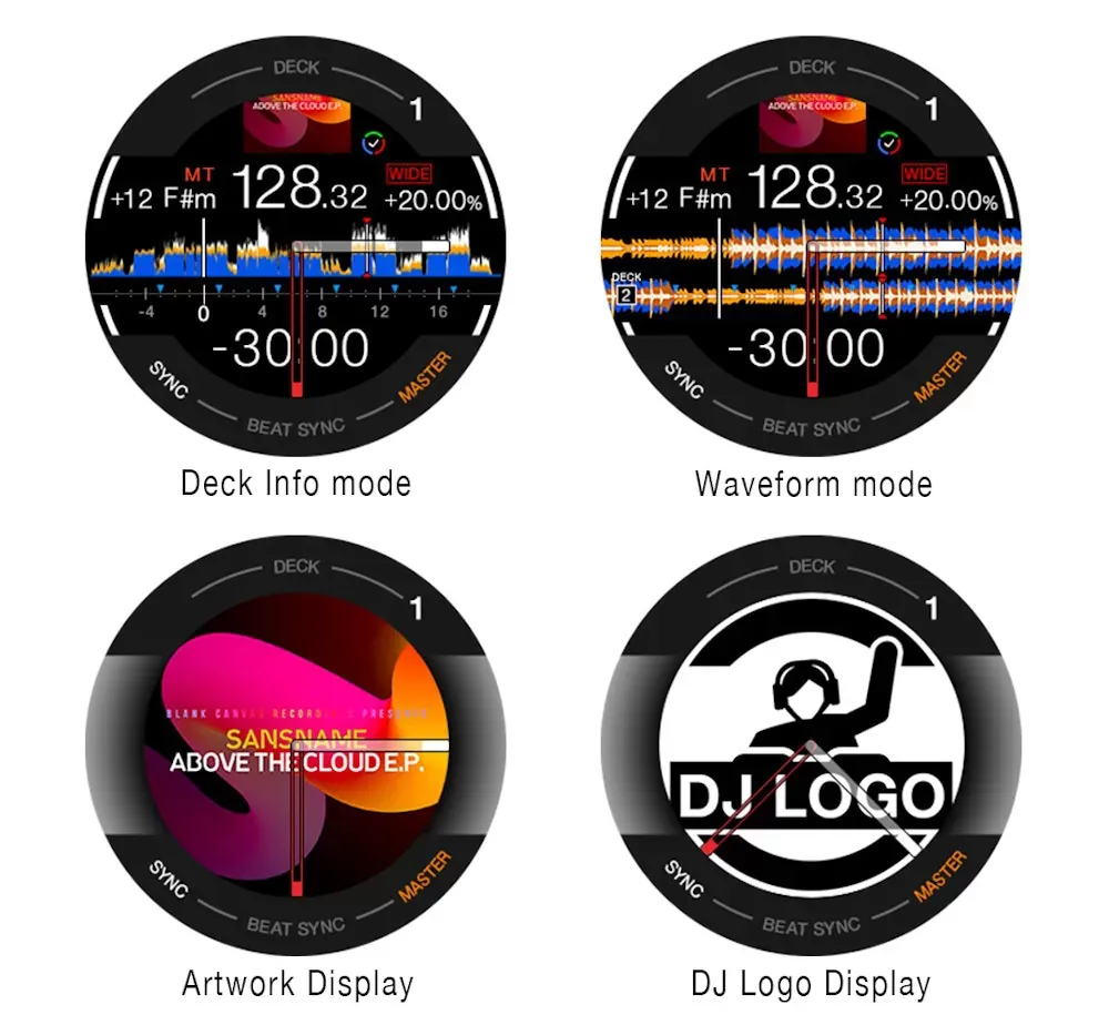 Cuatro modos de la pantalla del jog del DDJ-FLX10-W: Deck Info, Waveform, Artwork y DJ Logo