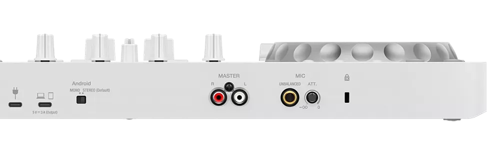 Panel trasero del DDJ-FLX4-W blanco: USB-C, MASTER RCA, micrófono y Kensington