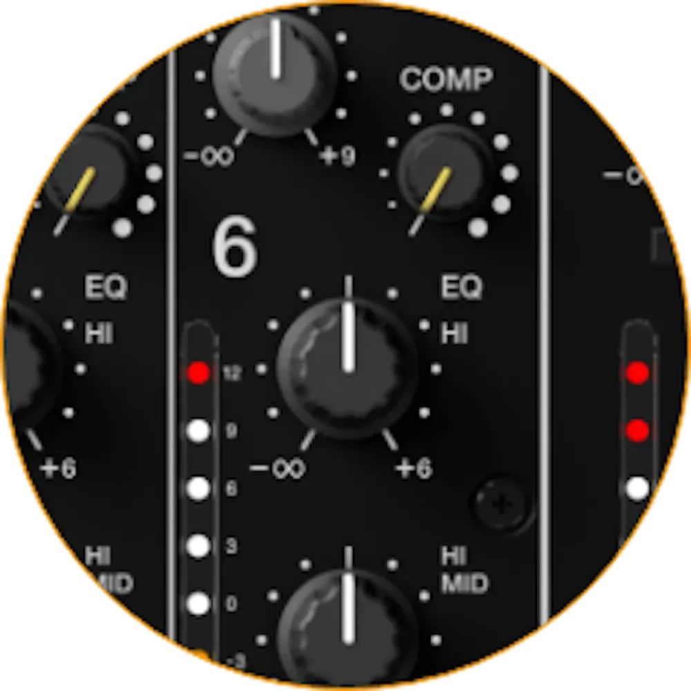 Sección de canal del DJM-V10 con EQ de 4 bandas y compresor