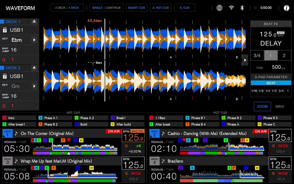 Pantalla de formas de onda del XDJ-AZ con Beat FX y Smart Cue