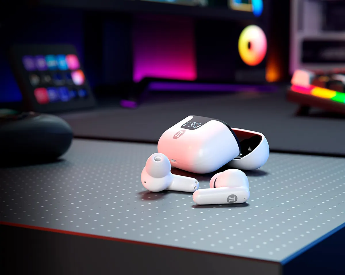 Primus Arcus 300S blanco sobre un escritorio gamer con iluminación RGB