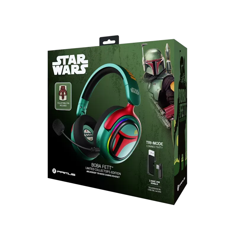 Caja de la edición de colección del Primus Arcus 380BT Boba Fett, con el pin coleccionable