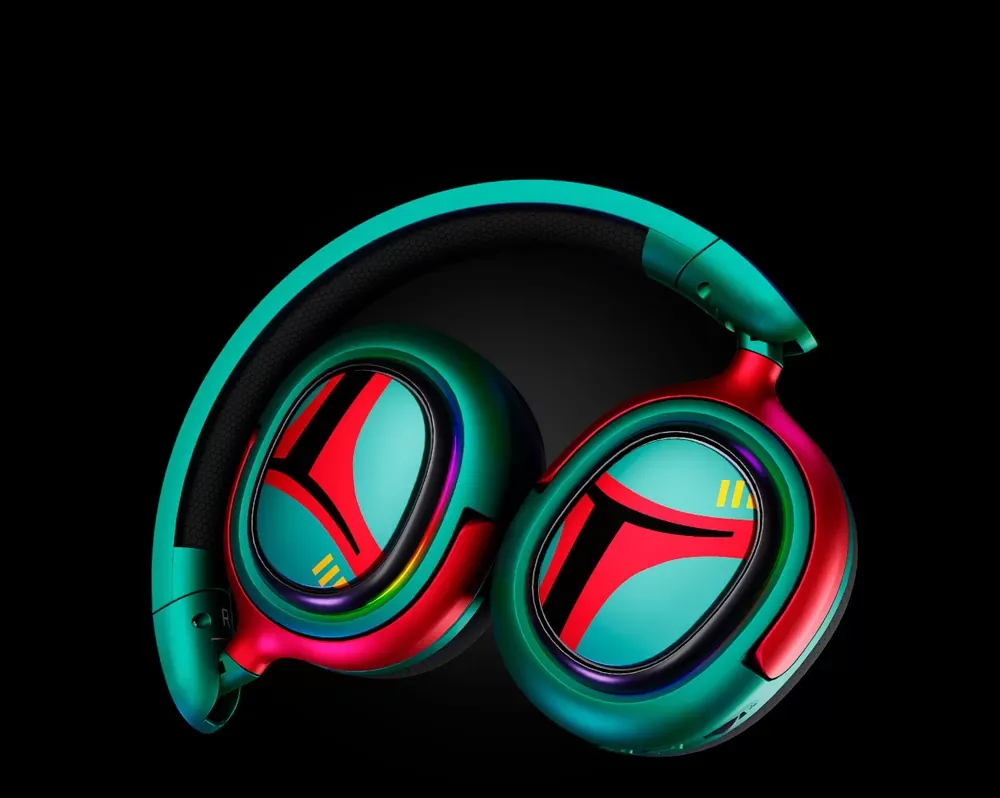 Primus Arcus 380BT Boba Fett plegado, con la diadema acolchada y las almohadillas de tela