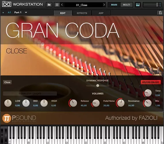 Panel de control de Gran Coda: EQ, reverb, resonancia
