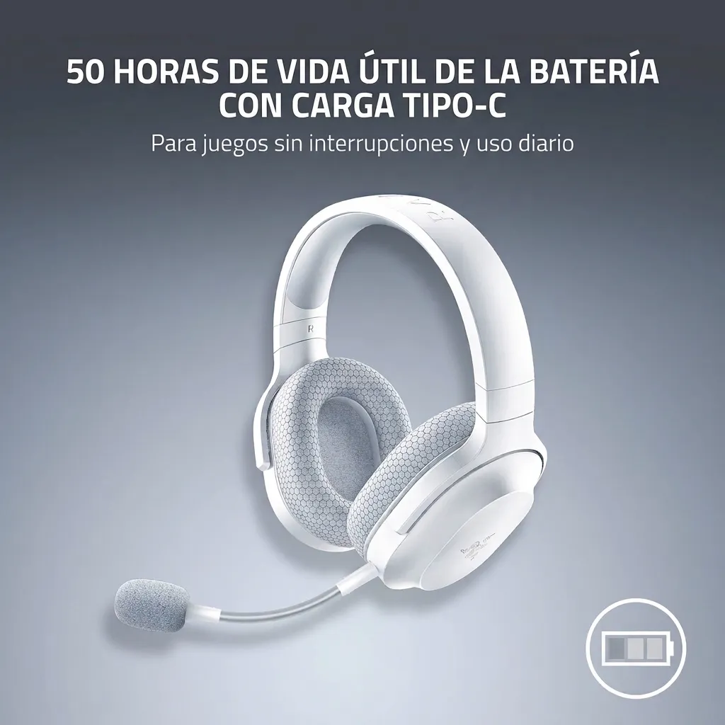 50 horas de batería con carga USB-C del Razer Barracuda X blanco, para jugar sin interrupciones y para el uso diario
