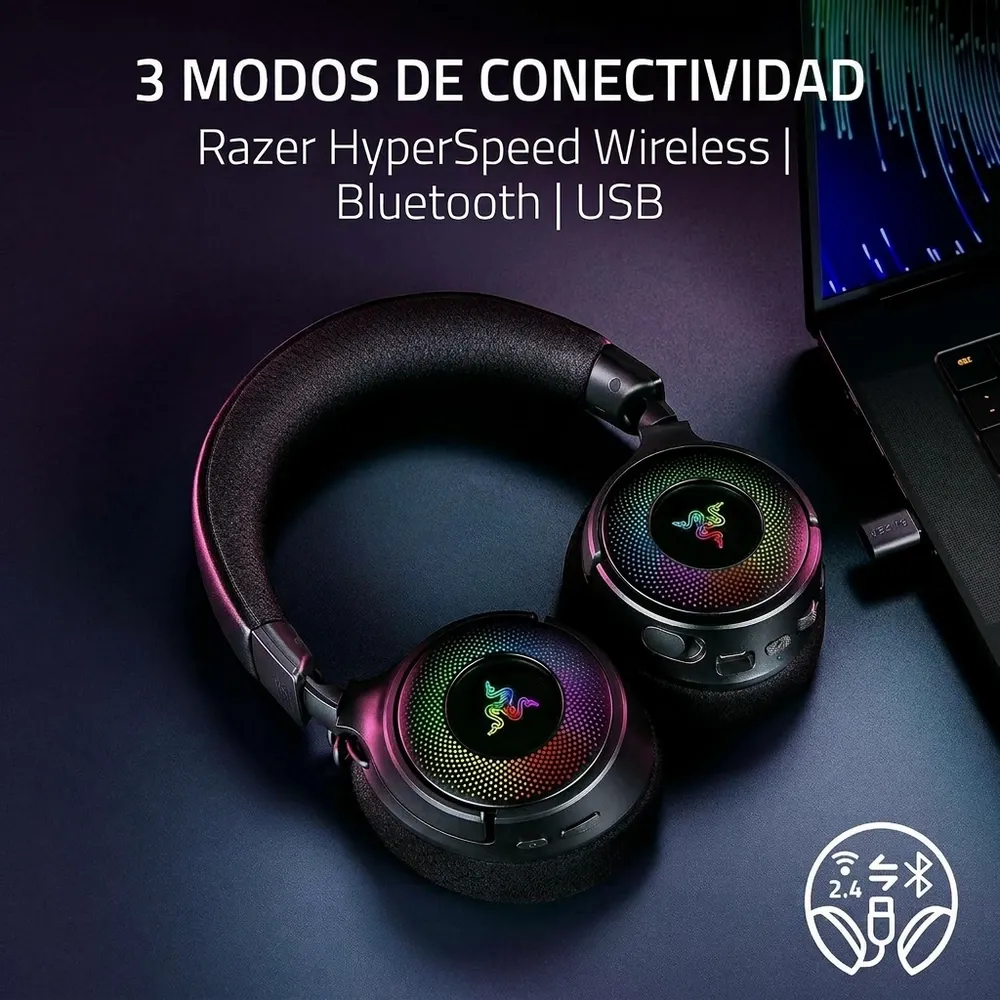 Los tres modos de conexión del Razer Kraken V4: HyperSpeed de 2,4 GHz, Bluetooth y USB